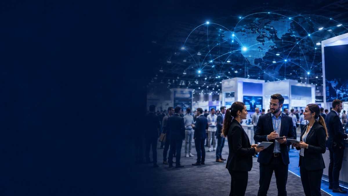 Business professionals networking at a trade show with global B2B event intelligence visualization