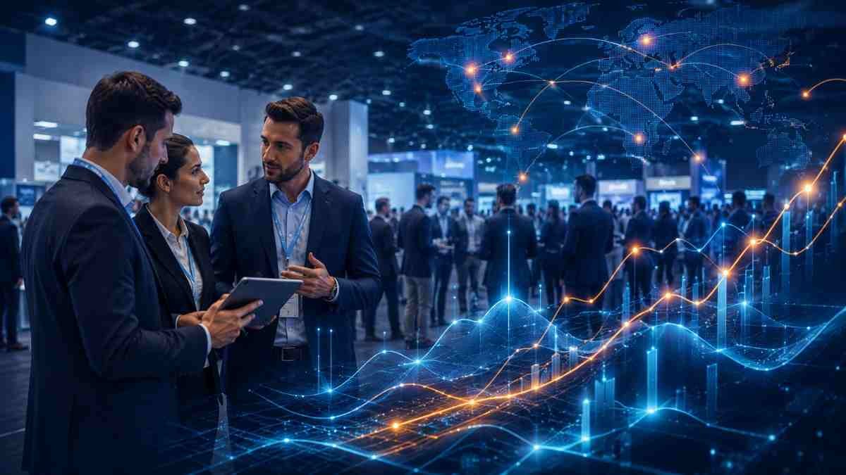 Business professionals at a trade show with global event market signals and B2B data visualization